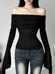 Y2k Aesthetic Women Translucence Tee Shirts Slash Neck Long Sleeve Solid Casual T-Shirts Vintage Off Shoulder Sexy Cute Tshirts 240228