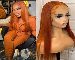 Orange Ginger Long Straight 13x4 Front Lace Real Wig PreDrawn Brazilian Waves 180 Density Remy Glueless Lace Closure Wig for Wom4600994