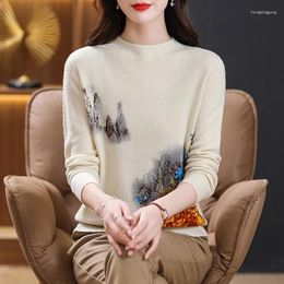 Women's Sweaters Seamless Stitching Women Sheep Wool Knitted Pullover 2024 Autumn Winter Lady Long Sleeve O-neck Floral Printed