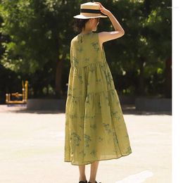 Party Dresses Summer Ramie Print Retro Art Floral Slimming Sleeveless Sundress Loose Casual Dress Maxi For Women Clothing Streetwear