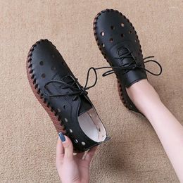 Casual Shoes Plus Size For Women 2024 Summer Hollow Breathable Flats Vintage Soft Leather Non Slip Ladies Work