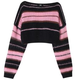 Pullovers Chic Black Pink Knitted Cropped Sweater for Women Stylish off Shoulder Striped Jumper Autumn Long Sleeves Pullovers Tops