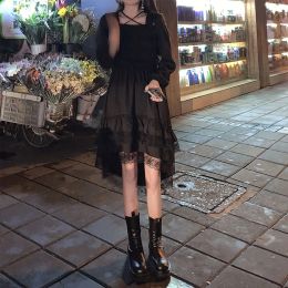 Dress New Gothic Women Black Fairy Party Dress Cross Square Collar Cute Lace Ruffles Chic Dress Spring Summer Dress