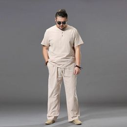 Large Size Men Clothing Big Tracksuit Suit Linen Overweight Tshirt Casual Male Elastic Waist Band 6XL 7XL 8XL 9XL Two Set 240228