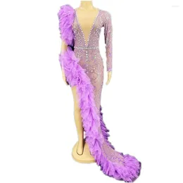 Stage Wear Sparkly Ballet Perspective Purple Singer Party Dresses Ruffle Rhinestone V-Neck Fashion Show Costume