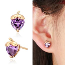 Stud Earrings 6Colors Cute Yellow Gold Colour Heart Cut CZ Strawberry Fruit Small For Women Girls Kids Child Babies Jewellery Aros