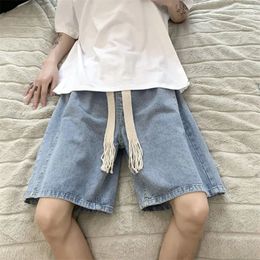 Wide Leg Baggy Denim Shorts Men Summer Thin Solid Colour Casual Loose Simple Knee-length 5 Point Pants Drawstring Straight Shorts 240307