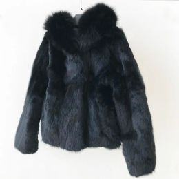 Fur Hooded Female Warm Spring Winter New Top Brand Full Pelt Rabbit Fur Jacket Vintage Natural Fox Fur Collar Coat sr454