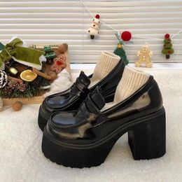Dress Shoes Women's Super High Heels Loafers Women 2024 Spring Leather Platform Pumps Woman Slip On Black Uniform Mary Janes