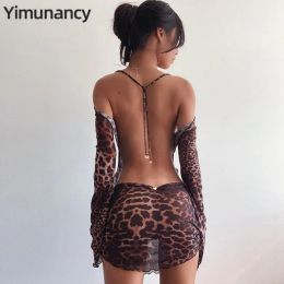 Dress Yimunancy Leopard Print Backless Dress Women Long Sleeve Mesh Dress 2021 Spring Halter Transparent Sexy Club Dress Vestidos