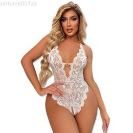 New Womens Sleepwear European and American large -size sex lingerie new lace perspective free open crotch connecting sexy pajamasX22K