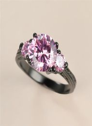 Wedding Rings Luxury Female Pink Crystal Stone Ring Vintage 14KT Black Gold For Women Cute Bride Round Zircon Engagement1943667