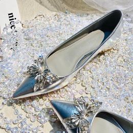 Casual Shoes SLTNX French Style Silver Pointed Single Women's Low Heel 3cm Fashion Socialite Butterfly Shallow Mouth Thick Flat