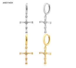 ANDYWEN 925 Sterling Silver Gold Clear Zircon Cross Drop Earring France Luxury Crystal Trapezoidal Ashlar Clips Pendiente 2106246896789