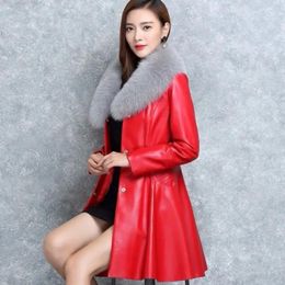 Women's Leather 6XL 7XL Women Jacket Autumn Winter Mid-length Fur Collar Coat Large Size Female Add Cotton Overcoat