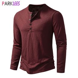 Mens Distressed Henley Tshirt Vintage Wine Red Long Sleeve T Shirt Men Casual Button Down Washed Cotton Tee Short Homme Camiseta 240223