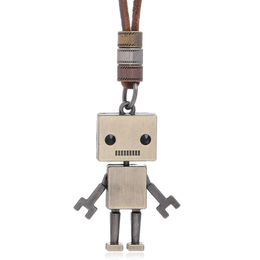 Pendant Necklaces Retro Metal Movable Robot Pendant Necklace Adjustable Leather Chain Necklaces For Women Men Fashion Jewellery Drop Del Dhbzk