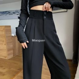 Capris Black Suit Pants for Women Korean 2 Buttons Wide Leg Trousers Vintage Streetwear High Fashion Office Ladies Work Bottoms Fashion