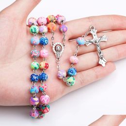Pendant Necklaces New Relin Cross Pendant Rosary Necklaces For Women Colorf Soft Y Beads Long Chain Virgin Mary Jewellery Drop Delivery Dhnmf