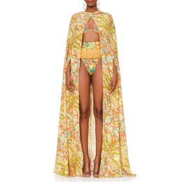 Cover-up Retro Yellow Ruffle Edge Swimsuit One Piece With Shawl Slim Bikini Suit VNeck Backless Swimwear Women Holiday Beach Coverup