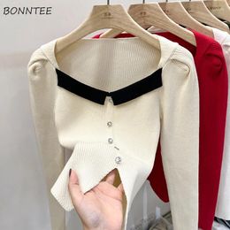 Women's Sweaters Irregular Short Pullovers Women Spring Autumn Square Collar Buttons Slit Slim Knitting Solid Retro Elegant Casual Chic