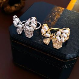 Cluster Rings Real Gold Electroplated Zircon Hollow Butterfly Pearl Ring Niche High-end Feel Index Finger For Girls Jewelry.