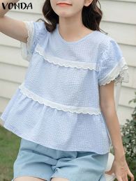 Blouse VONDA Women Blouse Elegant Short Sleeve Plaid Shirts 2023 Fashion Casual Patchwork Lace Tops Tunic Loose Summer Blusas Femininas