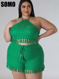 Sets SOMO Plus Size Sexy Women Knitted Two Pieces Set Summer Halter Top Shorts Hollow Out Crochet Beach Wear Wholesale Dropshipping