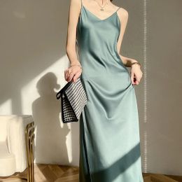 Dress Elegant French Satin Sexy Camisole Dress Womens MediumLength Inner Wear Solid Colour Base Sweet Style Slip Dress