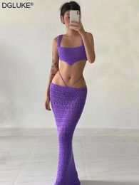 Purple Knitted 2 Piece Set Summer Outfits For Women Sexy Crochet Vacation Beach Outfits Hollow Out Long Skirt And Cropped Set 240307