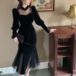 Dress Elegant Mesh Velvet Black Long Dress Women Vintage Gothic Slim Party Dresses Female Winter Sexy Split Hollow Christmas Dress New