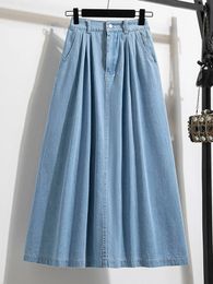 Autumn Plus Size Denim Skirt Women High Elastic Waist Blue Or Sky Blue Color Korean Fashion A Line Midi Jeans Skirts 240307