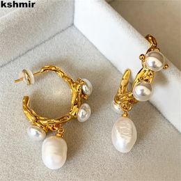 kshmir French Vintage Baroque Fresh Water Pearl Earrings for Women Fashion Elegant Metal Jewelry Gifts 240301