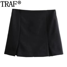 Skirt TRAF 2024 Black Mini Skirt Shorts Woman Fashion Satin Skirt Pants High Waist Slit Women's Skort Autumn Short Skirts For Women