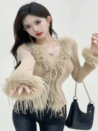 Cardigans Solid Color Fur Knitted Vneck Tie Cardigan Women Clothes Cropped Fashion Hot Girls Y2k Tops Korean Slim Fit Tshirt Sweater