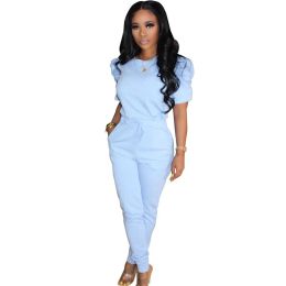 Suits Casual Candy Colour Leisure Wear Fashion Puff Sleeve Oneck Tshirts Drawstring Long Pants Women Soft Outfits Lounge Set 2020