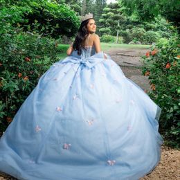 Sky Blue Shiny Spaghetti Strap Princess Quinceanera Dresses Bow Beads Tull Corset Sweet 16 Dress Vestidos De 15 Anos Birthday