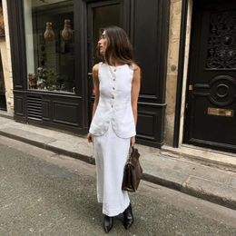 KAAAZI White Square Collar Tank Top Waistcoat Sleeveless Suit Long Style Skirt Women Fashion Two Piece Set Office Ladies 240304