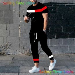 Men's Clothes Tracksuit Set 2 Piece Jogging Suit 3D Print Stripe Summer Fashion Sports Outfits Short T-ShirtPants 240307
