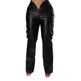 Women's Pants Long Cargo Pant 2024 Personalised Street Trends Pocket Design Cuffed Pu Leather Autumn Winter High Waist