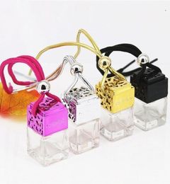 Cube Hollow Car Perfume Bottle Rearview Ornament Hanging Air Freshener For Essential Oils Diffuser Fragrance Empty Glass Bottle Pe3804169