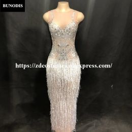 Dresses ZD287 Women Sexy Silver Tassel Long Skirt Sleeveless Big Sparkling Crystals Nightclub Party Performance Dancer Singer Stage Wear