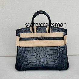 Genuine Leather Handbag LHandmade wax thread bag with 25cm V-shaped Crocodile Skin Black Buckle High end Handheld Womens Bag