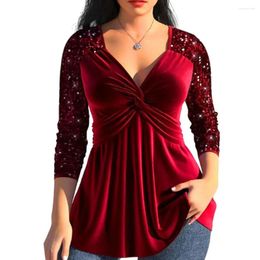 Women's Blouses Women Blouse V-neck Long Sleeve Knot Design Loose Hem T-shirt Solid Colour Sequins Stitching Tops Party