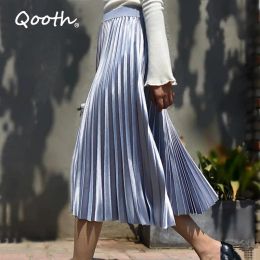 Dresses Qooth Spring Summer Women Pleated Mid Skirts Elastic Waisted Solid Elegant Skirt 11 Colors Availabled Qh1674