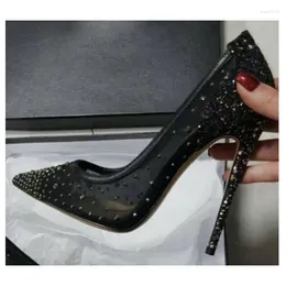 Dress Shoes Breathable Mesh Yarn Rhinestone Edging Single Women Sense Black Lace Stiletto Heels Pointed Shallow Crystal Pumps Lady