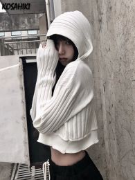 Cardigans KOSAHIKI Harajuku Black White Sweater Cropped Cardigan Women Korean Fashion Streetwear Jumper Female Autumn Hoody Knitted Top