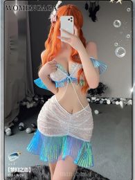 Dress WOMENGAGA Dream Uniform Sweet Blue Mermaid Sparkling Sexy Fishtail Mini Dress Sexy Elegant Uniform RUFFLES Cosplay Women DB9P