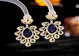 Dangle Chandelier Flower Water Drop Cubic Zircon Crystal Jewellery Big Blue Green CZ Long Wedding Earrings For Women Accessories7675385