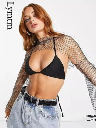 Camis Women Sexy Luxury Hollow Out Fishnet Grid T Shirt Full Sleeve Loose Women Diamonds Cover Up Beachwear Club Women Tank Top Party